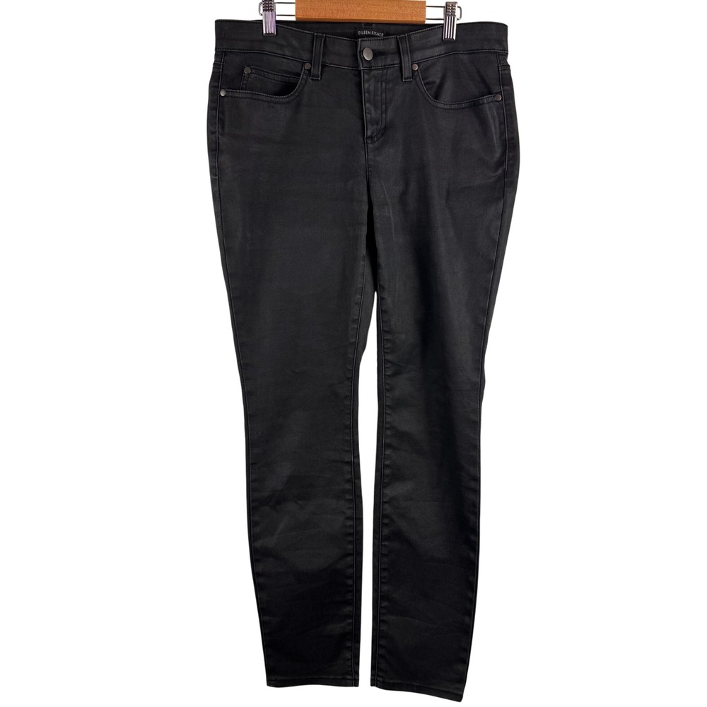 Eileen Fisher Coated Slim Jeans Womens 8 Black‎ Organic Cotton Stretch R3WDN